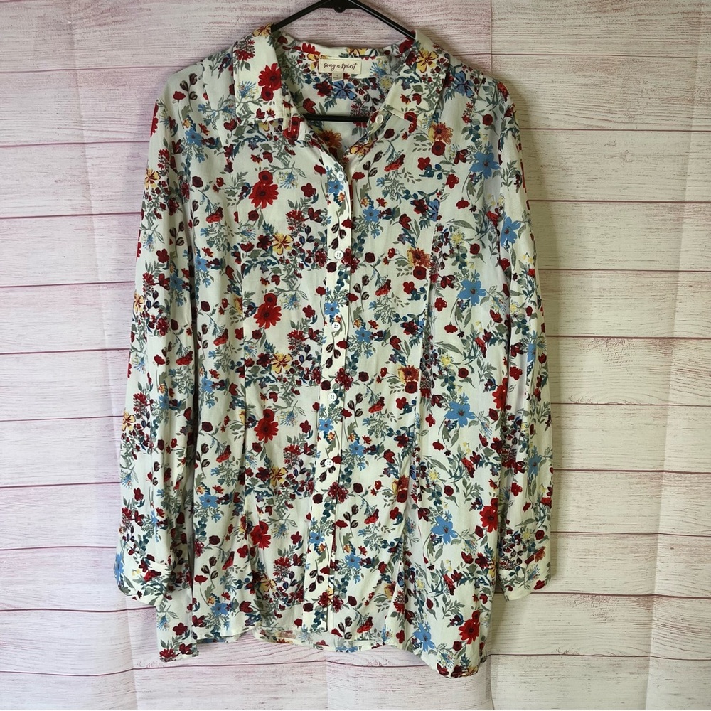 Song‎ N Spirit Long Sleeve 100% Rayon Button Down Floral Shirt Size Large